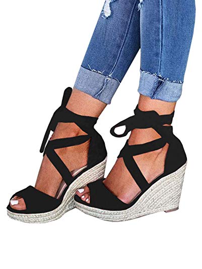 Seraih Womens Lace up Platform Wedges Sandals Classic Ankle Strap Shoes