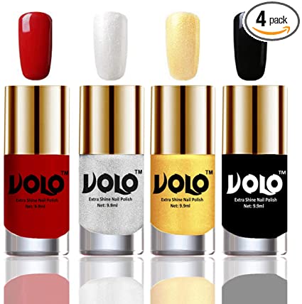 VOLO Dazzling Glow Long Stable High Definition Nail Polish Combo Set Of 4(Blood Red, Metallic Silver, Golden, Jet Black)