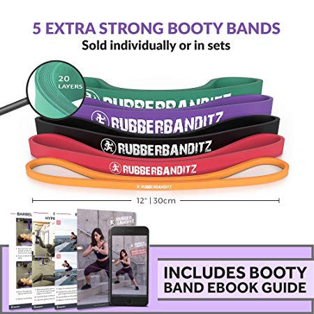 Rubberbanditz Extra Thick Booty Bands - For Glutes and Legs Workouts - Includes eGuide For Women - Mini Loop Exercise Band Engages Hips, Thighs, Butt, and Abs - 5 Mini Resistance Band Sizes 5-100 lbs