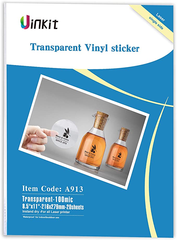Uinkit Printable Transparent Vinyl Sticker for Laser Printer 8.5x11 100% Clear Waterproof Sticker Film - 20sheets One Pack (BJ20-TM8.5X11X20)