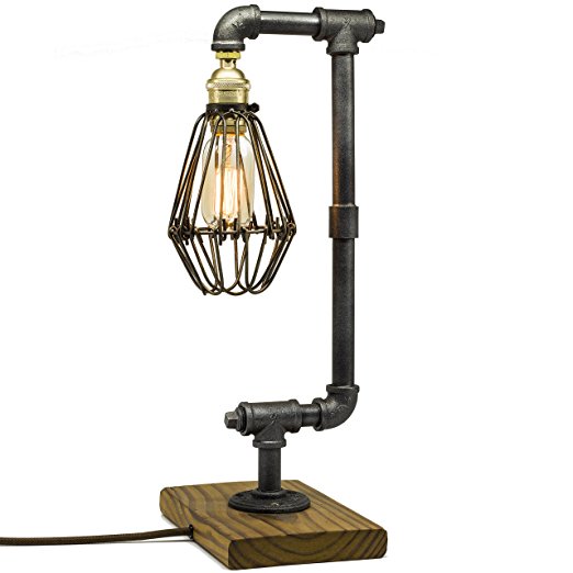 Y-Nut Loft Style Lamp, "The Cage III", Steam Punk Industrial Vintage Style, Wood Base Metal Body, Table Desk Light With Dimmer, LL-008-B