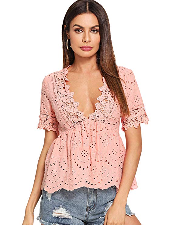 DIDK Women's Sexy Deep V Neck Ruffle Hem Zipper Back Lace Peplum Top Blouse