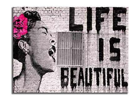 Wieco Art Banksy Life is Beautiful Modern Gallery Wrapped Giclee Canvas Prints Artwork Grey Love Abstract Pictures Paintings on Canvas Wall Art Ready to Hang for Bedroom Home Office Decorations