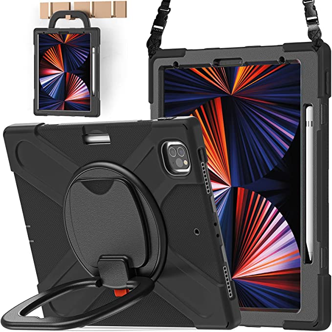 BATYUE iPad Pro 12.9 2021 Case,[Rugged] [Heavy Duty] iPad Pro 12.9 5th Generation Case with 360° Swivel Stand/ Handle Grip/ Shoulder Strap/ Wireless Apple Pencil Charging Pencil Holder - Black