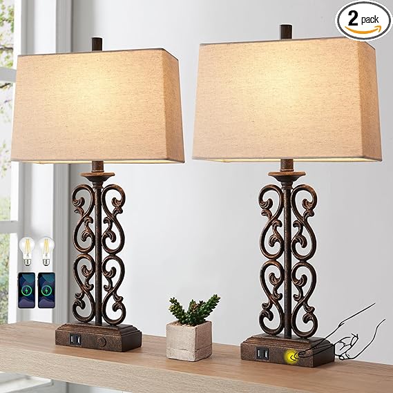 AIEAMPDO Set of 2 Farmhouse Touch Table Lamps for Living Room, 3 Way Dimmable with Dual USB Ports Vintage Rustic Bedside Desk Lamp, for Bedroom End Table, 2 LED Bulbs Included (Bronze)