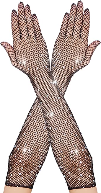 Women Fishnet Long Gloves With Rhinestone Sparkly Glitter Mesh Opera Gloves for 1920s Accessories Costume Evening Party Halloween Cosplay