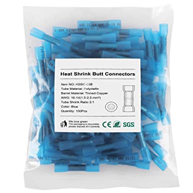 Heat Shrink Butt Connectors, 100Pcs 16-14 AWG Blue Insulated Waterproof Electrical Wire Connectors Automotive Marine Grade Wire Crimp Terminals Butt Splices, Ideal for Boat, Truck, Stereo - Blue