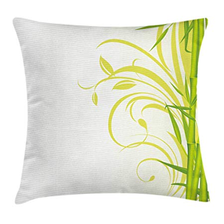 Ambesonne Green Throw Pillow Cushion Cover, Bamboo with Floral Curly Leaves Feng Shui Garden, Decorative Square Accent Pillow Case, 20" X 20", Lime Green