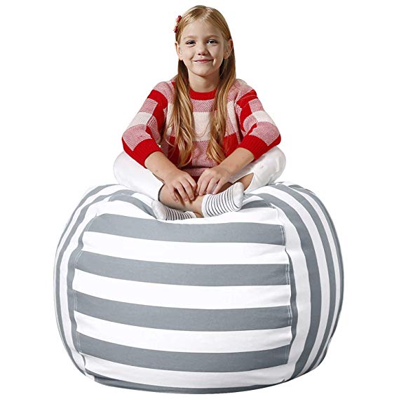 Aubliss Stuffed Animal Bean Bag Storage Chair, Beanbag Covers Only for Organizing Plush Toys. Turns into Bean Bag Seat for Kids When Filled. Premium Cotton Canvas. 38" Extra Large Gray/White Striped