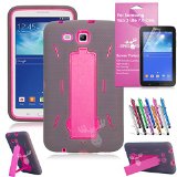 EpicGadgetTM For Samsung Tablet Galaxy Tab 3 Lite 70 Case Gray and Pink Shockproof Heavy Duty Rugged Impact Hybrid Case with Build In i Kickstand Protective Cover Dose NOT Fit Galaxy Tab 3 70 With Galaxy Tab 3 Lite SM-T111 SM-T110 Clear Screen Protector And Universal Long Touch Stylus Pen US Seller I Stand Grey Pink
