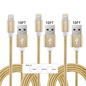iPhone Cable,3 Pack 10ft Lightning Cable Braided Nylon lines, Ansuda Charging Cable Cords for iPhone 7 / 7 Plus / 6s / 6s Plus / 6 / 6 Plus / 5 / 5s / 5c, iPad mini / Air / Pro iPod touch (Gold)