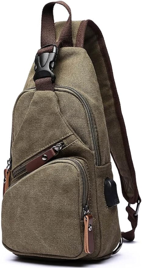 Canvas Sling Bag Crossbody Backpack Shoulder Casual Rucksack for Men Women Outdoor Cycling Hiking Travel Fishing Green