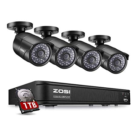 ZOSI 1080P PoE Home Security Camera System, 8 Channel NVR Recorder (1TB Hard Drive Built-in) and (4) 2MP 1920x1080p Surveillance CCTV Bullet IP Camera Outdoor/Indoor with 100ft Long Night Vision