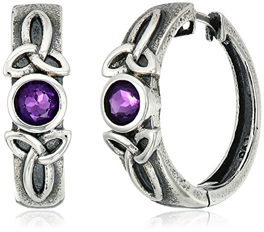 Sterling Silver Oxidized Round Genuine African Amethyst 4.5mm Celtic Trinity Knot Hoop Earrings