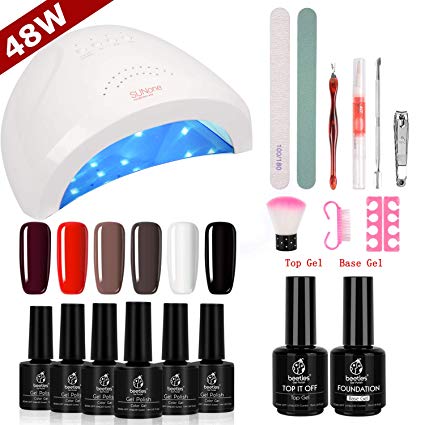 Beetles Gel Nail Polish Starter Kit with UV Light 48W LED Nail Lamp - 6 Color Gel Polish Set with Black Red White, 15ml Gel Base and Top Coat, Professional Manicure Tool Nail Kit for Salon or DIY Home