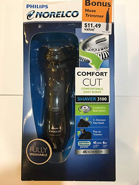 Philips Norelco Electric Shaver 3100 with Bonus Nose Trimmer 1700, Comfort Cut, Washable