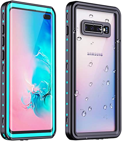 RedPepper Galaxy S10 Plus Waterproof Case, Protective Clear Cover with Built-in Screen Protector, Support Wireless Charging IP68 Waterproof Shockproof Case for Samsung Galaxy S10 Plus (Teal/Clear)