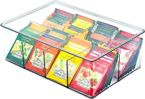 Youngever Large Plastic Tea Packet Organizer with Lids, Reusable Food Packet Storage Container Divided into 8 Compartments, Tea Bags Storage Bin (11" x 7.5" x 4")