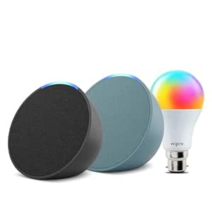 Amazon Echo Pop (Black, Green) gift twin pack with Wipro 9W LED Smart Color Bulb