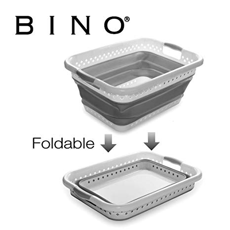 BINO Collapsible Plastic Laundry Basket - Space Saving Foldable Pop Up Hamper Bin, Grey