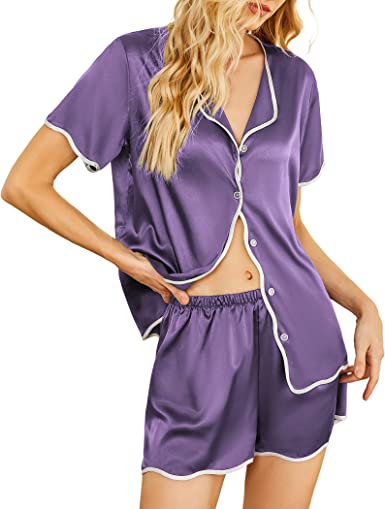 eshion Satin Pajama Set Women's Short Sleeve Sleepwear Soft Silk Pjs Button Down Loungewear Set S-XXL