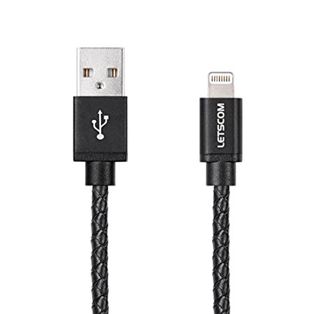 LETSCOM Apple Certified Lightning to USB PU Leather Coated Cable 3.3ft (1M) for iPhone - Black