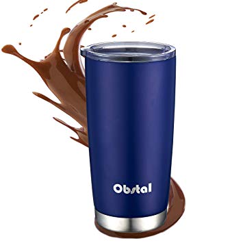 Obstal 20oz Insulated Coffee Tumbler Stainless Steel Double Wall Vacuum with Stainless Straw, 2 Clear Lids & Cleaning Brush for Office, Navy