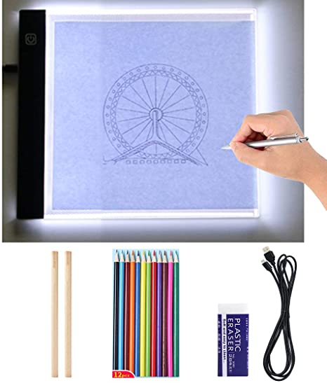 A5 Size Ultra-Thin Portable Tracer White LED Artcraft Tracing Pad Light Box w dimmable Brightness for Painting Artists Drawing Sketching Animation Tracing with Pencils