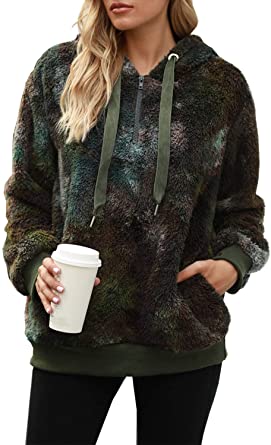 ReachMe Womens Oversized Tie Dye Sherpa Hoodie with Pockets Fuzzy Fleece Sweatshirt Fluffy Pullover Sweater
