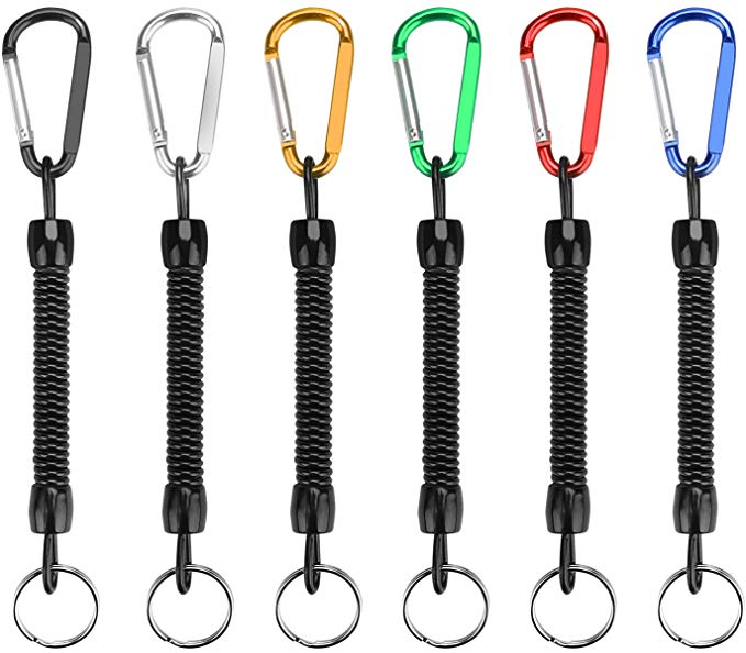 yidenguk 6Pcs Fishing Lanyards Stretchy Spiral Keyring With Color Carabiner, Spiral Retractable Coil Spring Key chain Theftproof Anti-Lost Stretch Cord Safety Key Ring with Metal