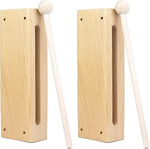 QWORK Wood Percussion Instrument Set - 2 Pack Wooden Sound Blocks with Mallets, Solid Wood Rhythm Block Musical Percussion Instrument for Concerts, Recordings & Community Bands