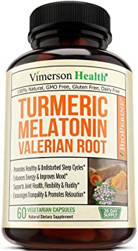 Turmeric Curcumin Melatonin Valerian Supplement. Ginger L Theanine Cinnamon Bioperine. Sleep Aid, Antioxidant Properties for Occasional Joint Pain Relief, Supports Inflammatory Response. (60)