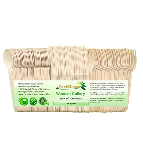 Disposable Wooden Spoons - 100 Piece Total - 6" Length Eco Friendly Biodegradable Compostable Wooden Spoons Wooden Cutlery By First Choice
