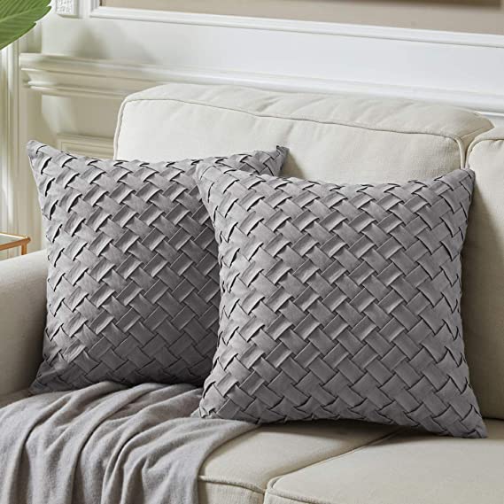 Fancy Homi Pack of 2 Accent Decorative Throw Pillow Covers with Cute Basket Weave Pattern,Soft Suede Solid Square Cushion Case Set for Couch Sofa Bedroom Car Living Room (18x18 inch/45x45 cm, Grey)