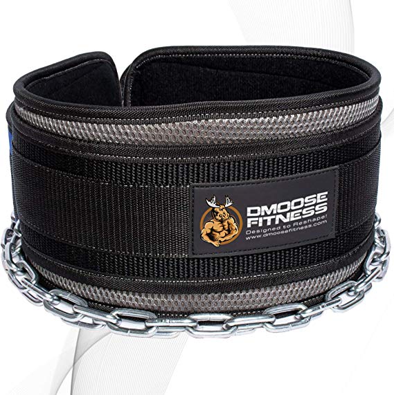 DMoose Fitness Dip Belt with Chain for Weightlifting, Pullups, Powerlifting, CrossFit, and Bodybuilding Workouts, Long Heavy Duty Steel, Comfortable Neoprene Waist Support