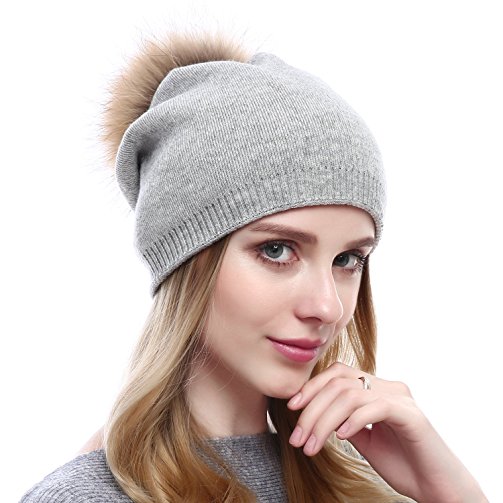QUEENFUR Women Knit Wool Beanie - Winter Solid Cashmere Ski Hats Real Raccoon Fur Pom Pom