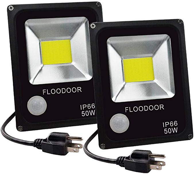 FLOODOOR 50W Motion Sensor Light Outdoor Security Light IP66 Waterproof Super Bright Motion Night Light,4500LM,6000K,Daylight White,250W Bulb Equivalent,PIR Intelligent Sensor Light (2 Pack)