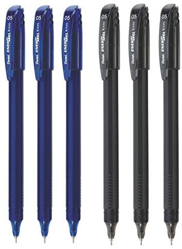 Pentel Energel - Roller Gel Pen Set - Pack of 6 Pens - (0.5mm - 3 BLUE   3 BLACK)