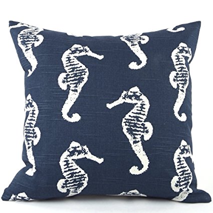 Chloe & Olive Wonders of The Seas Blue Collection Sea Horse and Anchors Square Decorative Pillow Cover, 18-Inch, Blue