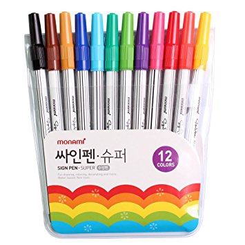 Monami Felt Tip Sign Pen Super Marker for Art Drawing Coloring Decorating - 12 Color Set