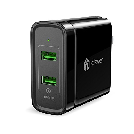 iClever BoostCube 36W Qualcomm QC 3.0 Wall Charger with Dual SmartID USB Port for Samsung Galaxy S7/S6/Edge, Note 5/4, LG G4/G5, HTC One 10 M8/M9/A9, Nexus 6, iPhone, iPad and More, Black