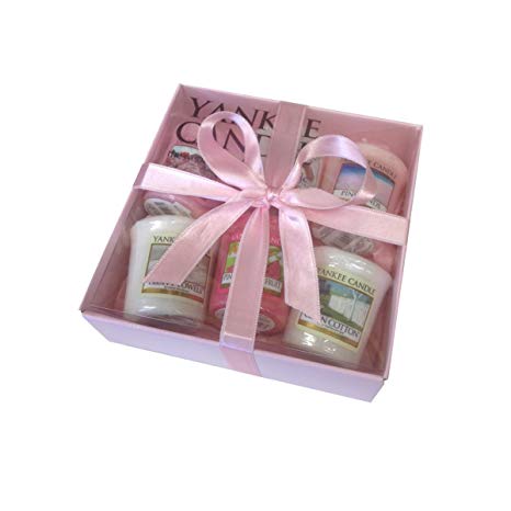 Yankee Candle Luxury 6 Sampler Votive Pack - Gift Wrapped in Pink Box, Pink Tissue & Cuban Satin Ribbon - Perfect For Anniversary, Valentines Day, Birthday, Christmas & Mothers Day