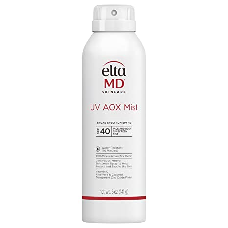 EltaMD UV AOX Mist Mineral Sunscreen Spray, SPF 40 Body Sunscreen Spray, Broad Spectrum Formula Protects from UVA/UVB Rays, Water Resistant up to 40 Minutes, Made with Zinc Oxide, 5 oz Spray Bottle