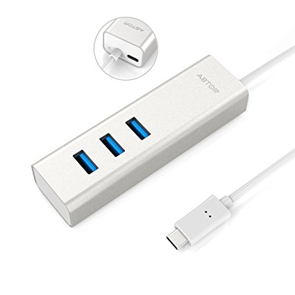 ABTOR USB Type-C to 3-Port USB 3.0 Hub with Type-C Charging Port for Apple new MacBook 2016, ChromeBook Pixel and More (Silver Aluminum)