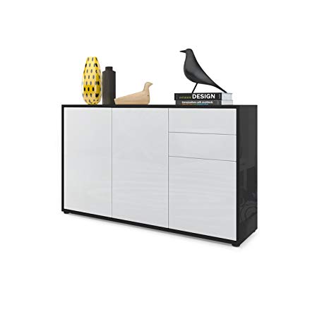 Vladon Cabinet Chest Drawers Ben V3, Carcass in Black High Gloss/Front in White High Gloss