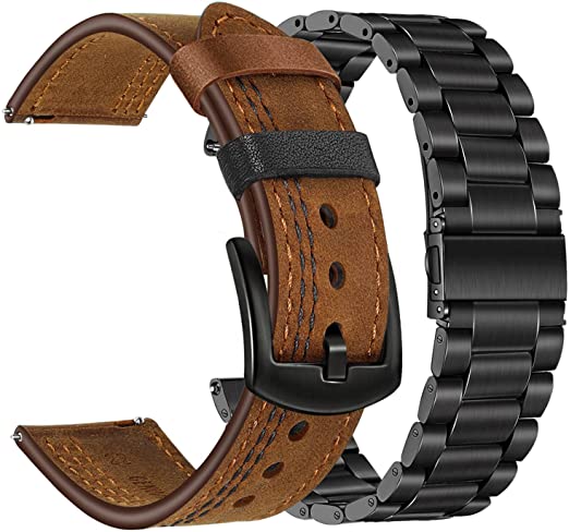 TRUMiRR Band Sets for Fossil Men's Gen 6 44mm/Gen 5E 44mm Smart Watch, 22mm Solid Stainless Steel Watchband   Genuine Leather Strap for Fossil Men's Gen 5 Carlyle/Garrett/Gen 4 Explorist HR