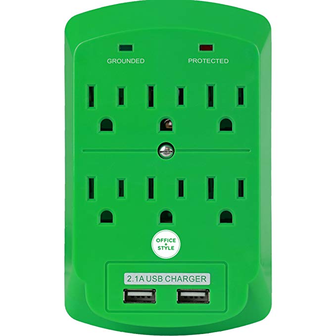 Surge Protector, Electronics Charging Station, 6 Outlet 2 USB Port Wall Adapter with Safety Indicator Lights -Green- by Office   Style