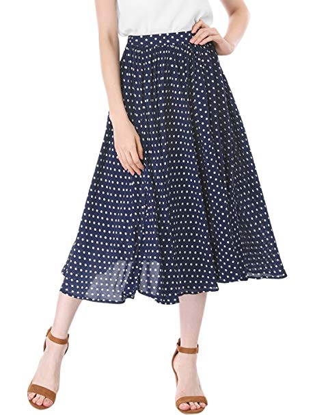 Allegra K Women's Elastic Waist Allover Dots A Line Midi Skirt