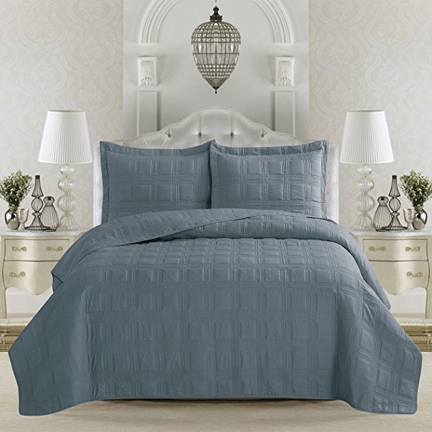 Terra Collection 3-Piece Luxury Quilt Set with Shams. Soft All-Season Microfiber Bedspread & Coverlet in Solid Colors with Embroidered Box Design. By Home Fashion Designs Brand. (King, Citadel Blue)