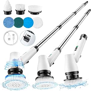 GiveBest Electric Spin Scrubber Brush - Cordless Shower Scrubber with Long Handle for Cleaning Bathroom, Bathtub Power Scrubber with 7 Replacement Head & Dual Speed for Floor, Tub, Tile, Kitchen, Car